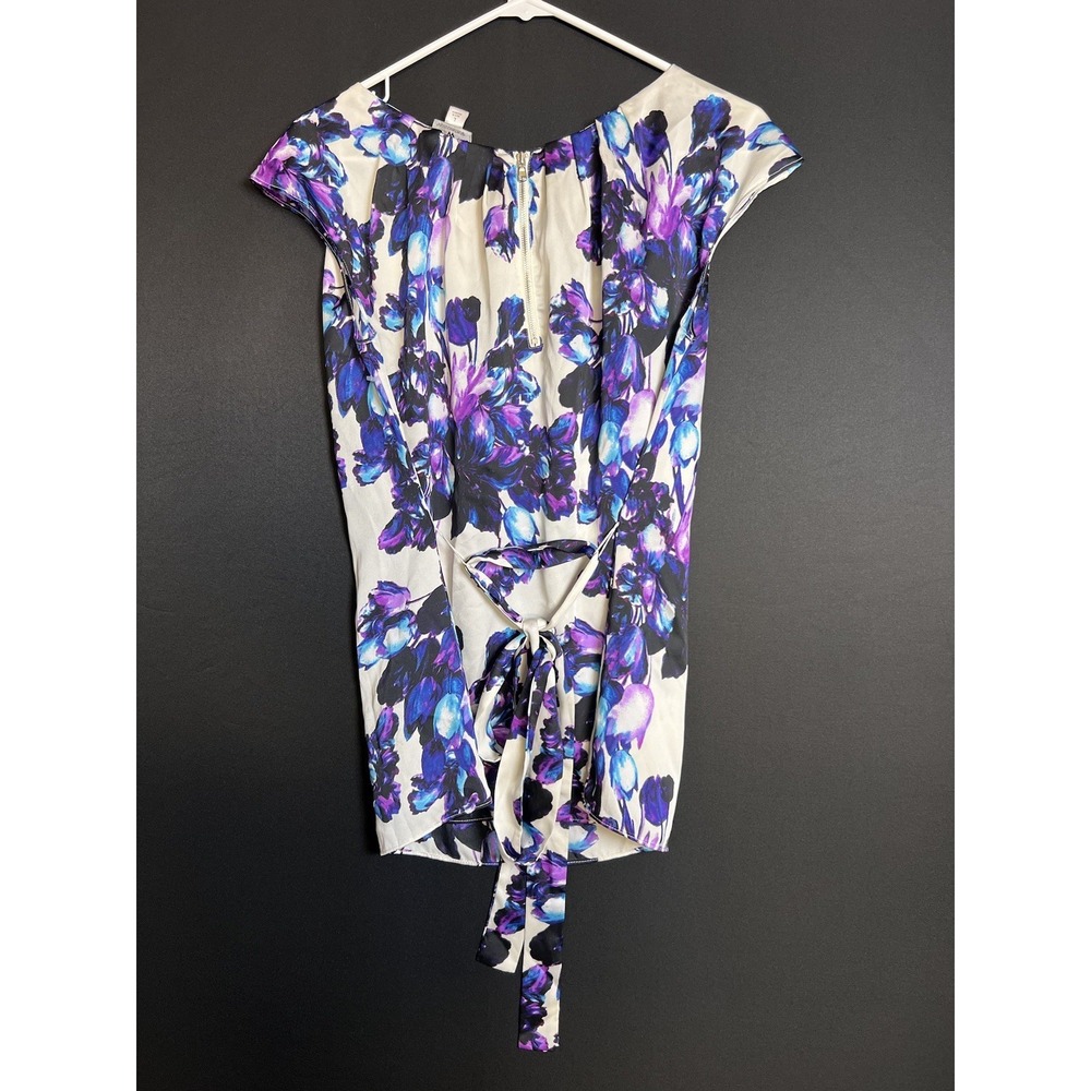 Worthington White Purple Blue Floral Blouse L Cap Sleeve Zip Back Tie - Picture 4 of 6